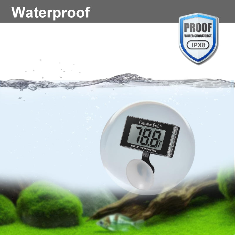 Digital thermometer with water splash and underwater plant background, indicating waterproof IPX8 rating.