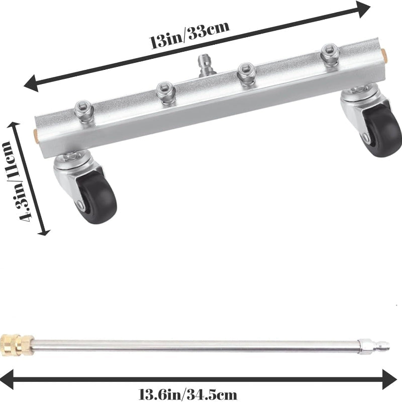 Measurement chart of a metal tool with wheels and extensions on a white background