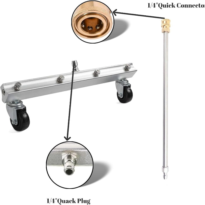 Plumbing components including a quick connector, plug, and metal arm with wheels on a white background.
