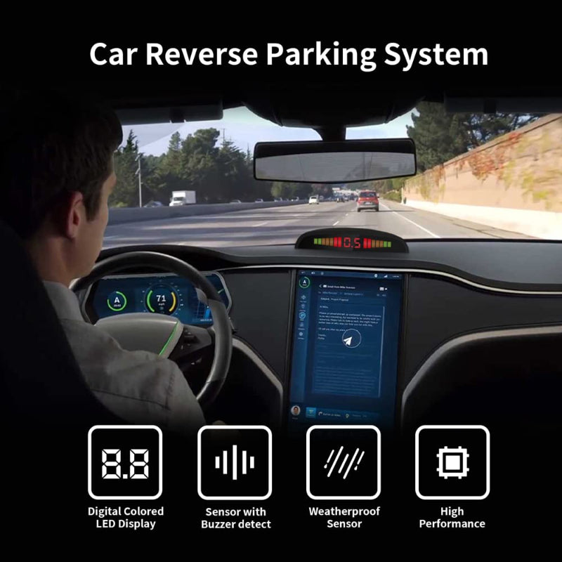Car reverse parking system with digital display and sensor features.