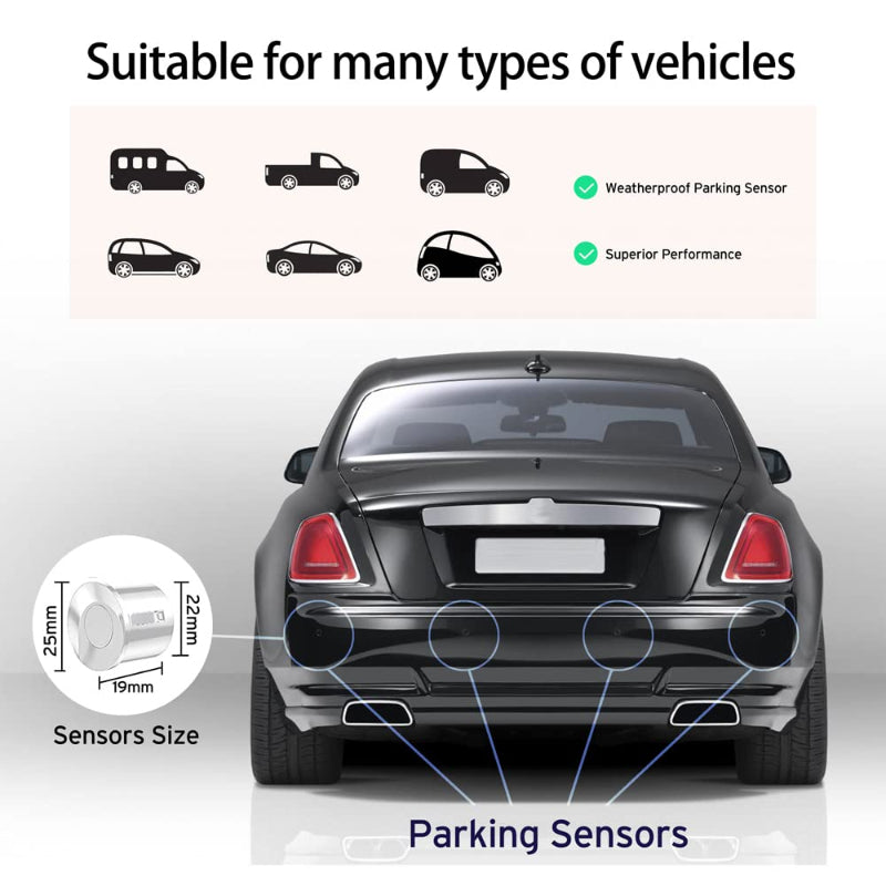 Car with parking sensors highlighted, suitable for various vehicle types.