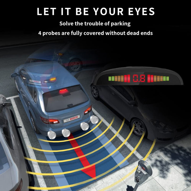 Car using a parking sensor system with text 'Let it be your eyes' and 'Solve the trouble of parking'.