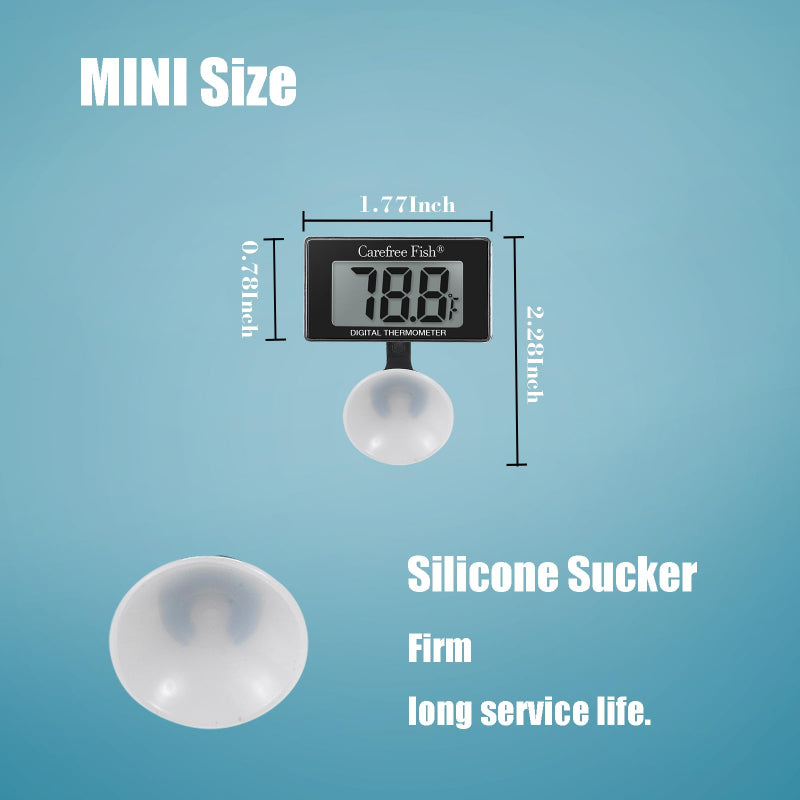 Digital thermometer with dimensions and features on a blue background