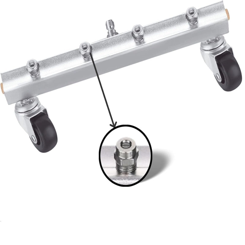 Metal inline filter with wheels and a close-up of a nozzle on a white background