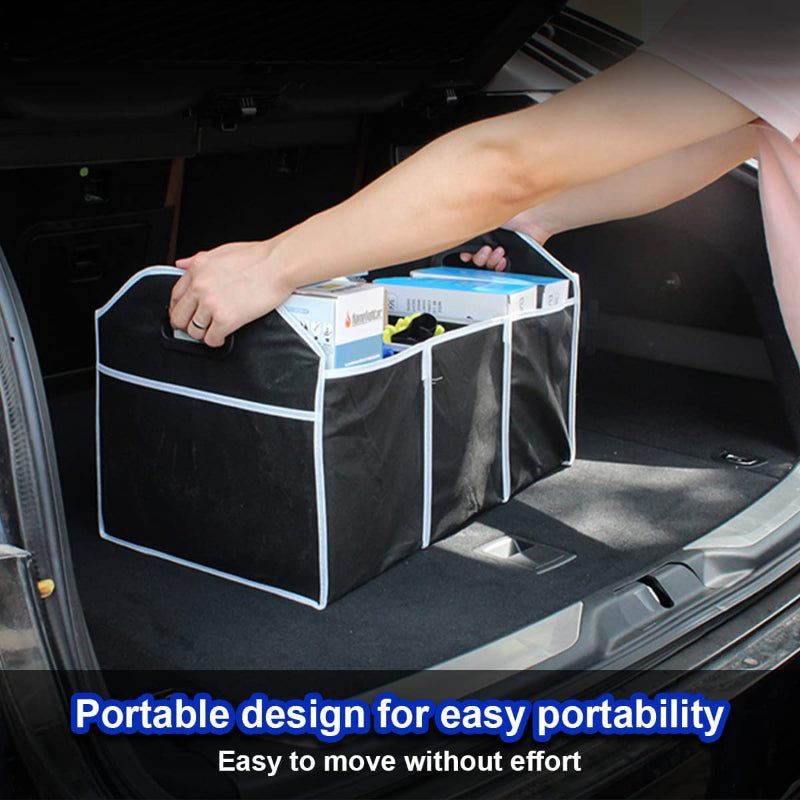 Person using a portable car trunk organizer with text highlighting its ease of use.