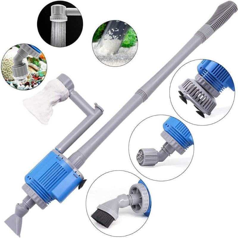 Aquarium cleaning tool with various attachments on a white background
