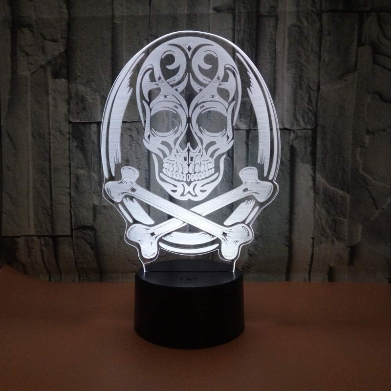 Skull and crossbones design on a 3D LED lamp with a dark background