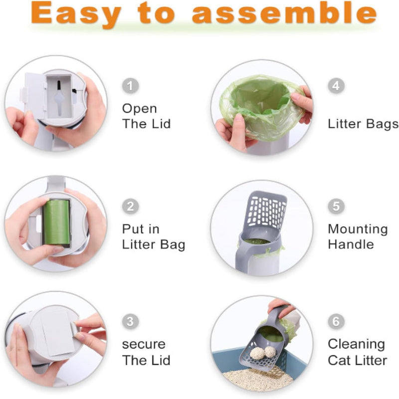 Step-by-step guide on how to use a pet litter box with images and text instructions.
