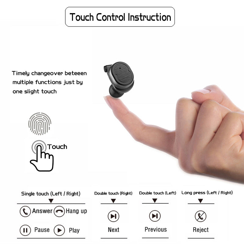 Touch control instructions for a wireless earbud with a hand demonstrating touch gestures.
