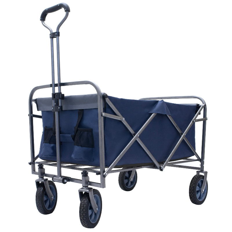 Navy blue folding wagon with gray frame on a white background