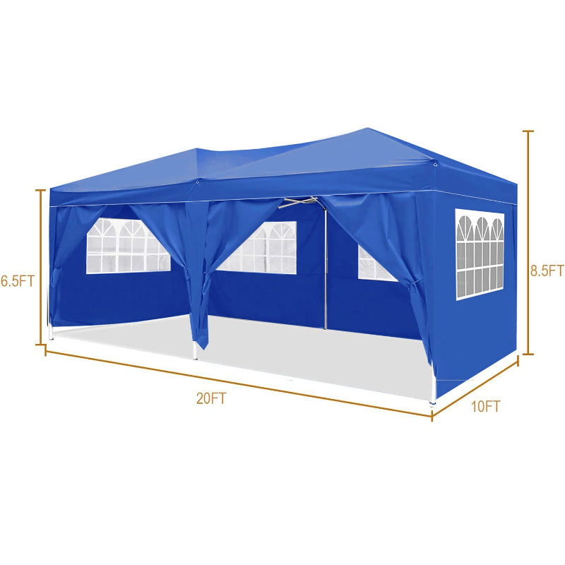 Blue outdoor canopy tent with side walls and dimensions on a white background