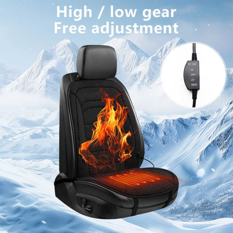 Heated car seat cover with flame design against a snowy mountain background