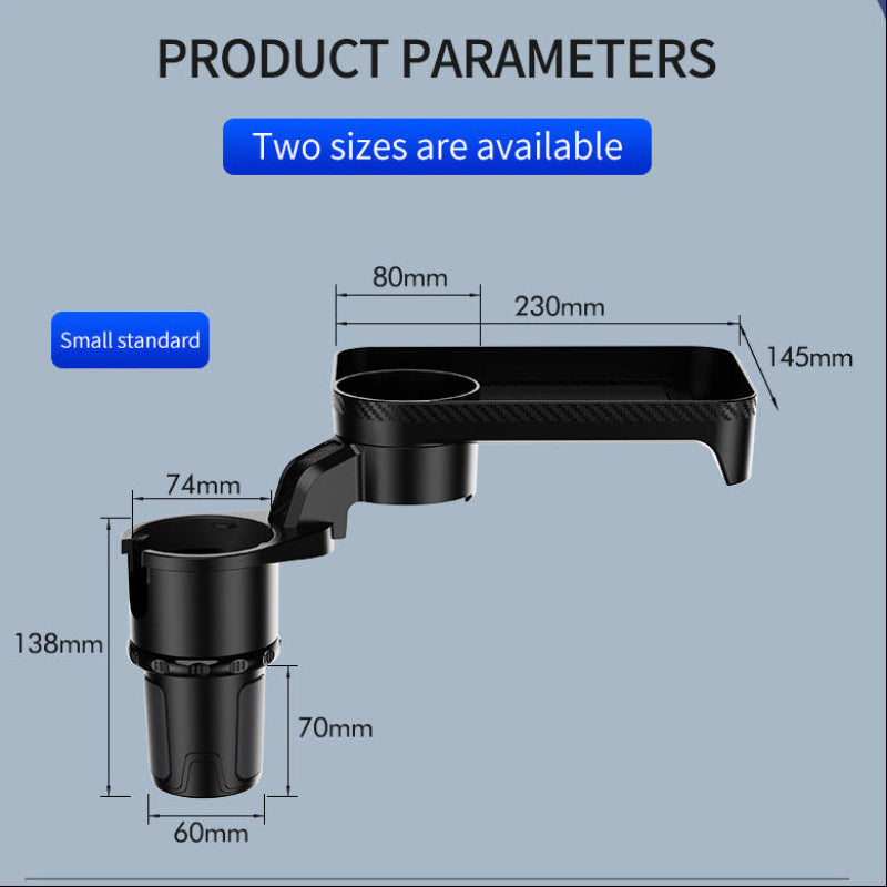 Black car cup holder with measurements on a blue background