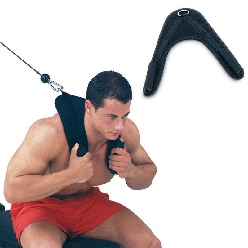 Man using a cable machine with a close-up of the pulley attachment on a white background
