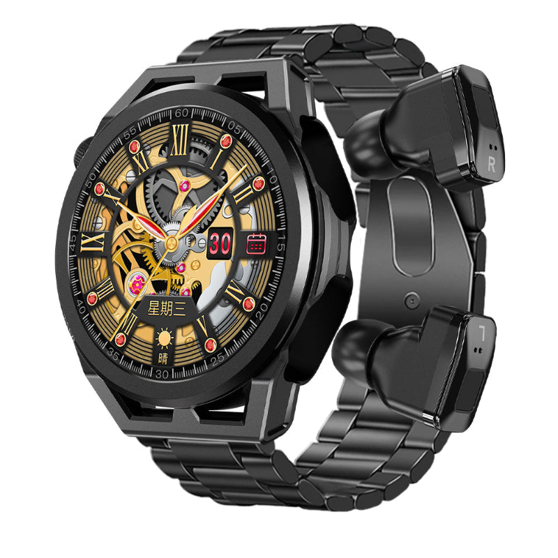 Black smartwatch with detailed face on a white background