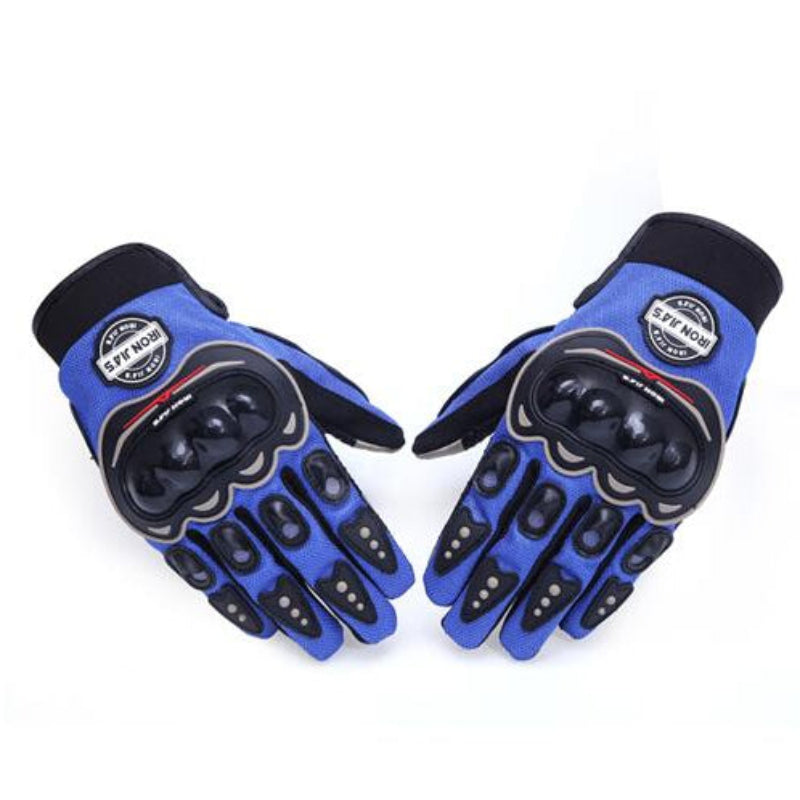 Pair of blue and black gloves with brand logo on a white background