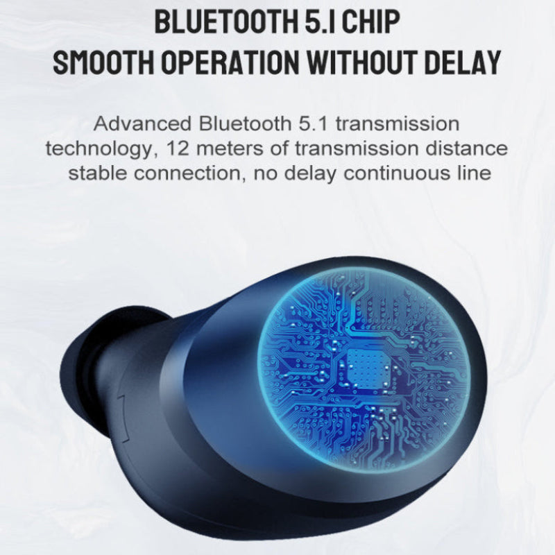 Bluetooth earbud with glowing blue interior on a light gray background, featuring text about Bluetooth 5.1 chip performance.
