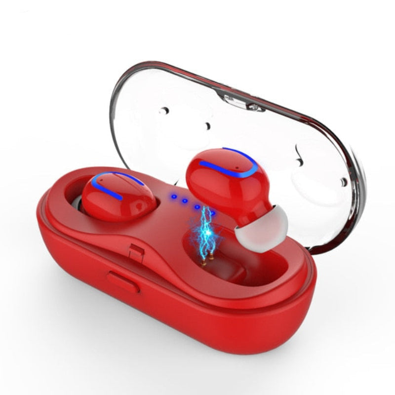 Red wireless earbuds with charging case on a white background, featuring the Syllable brand.