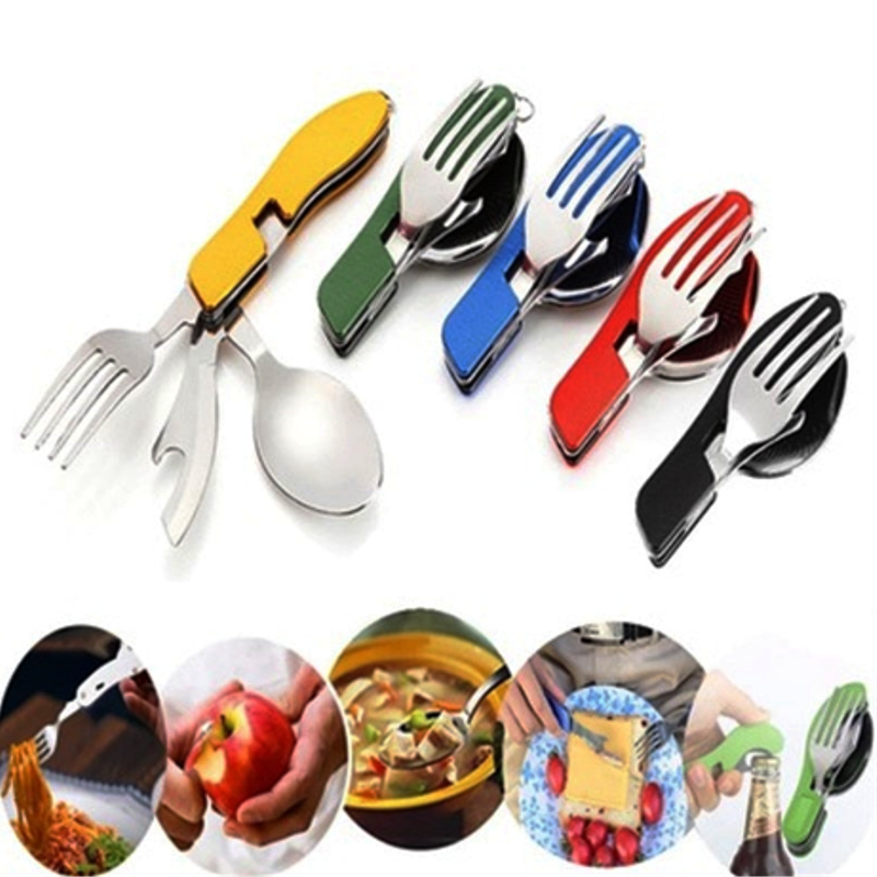 4 In 1 Outdoor Tableware Set Camping Cooking Supplies Stainless Steel Spoon Folding Pocket Kits Home Picnic Hiking Travel Tools