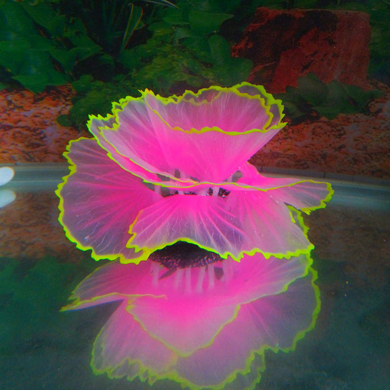 Neon pink and green flower-like object in water with blurred background