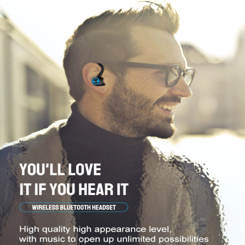 Man wearing a wireless Bluetooth headset with promotional text on a blurred background