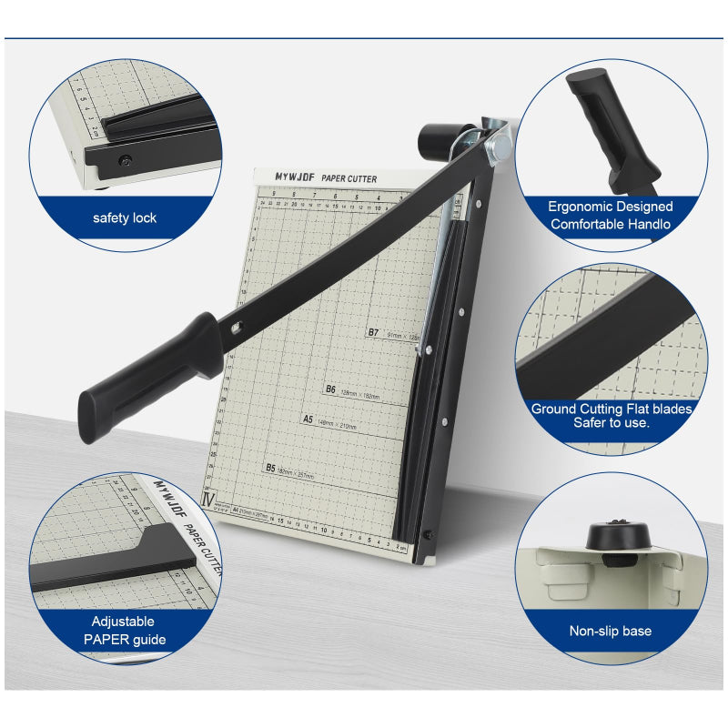 Paper cutter with safety lock, ergonomic handle, ground cutting blades, adjustable paper guide, and non-slip base on a white background.