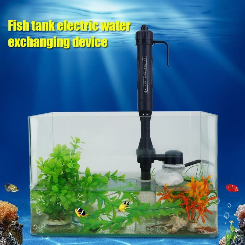 Fish tank electric water exchanging device with an aquarium setup on a blue underwater background.