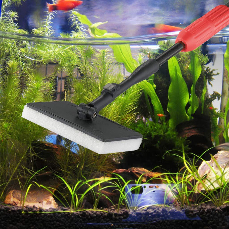 Aquarium cleaning tool with a red handle and black and white base in an aquarium setting.