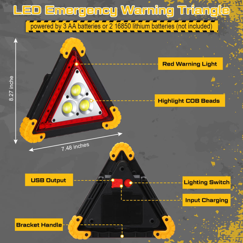 LED Emergency Warning Triangle with features and specifications on a gray background