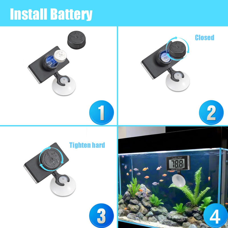 Step-by-step guide on installing a battery for an aquarium temperature monitor.