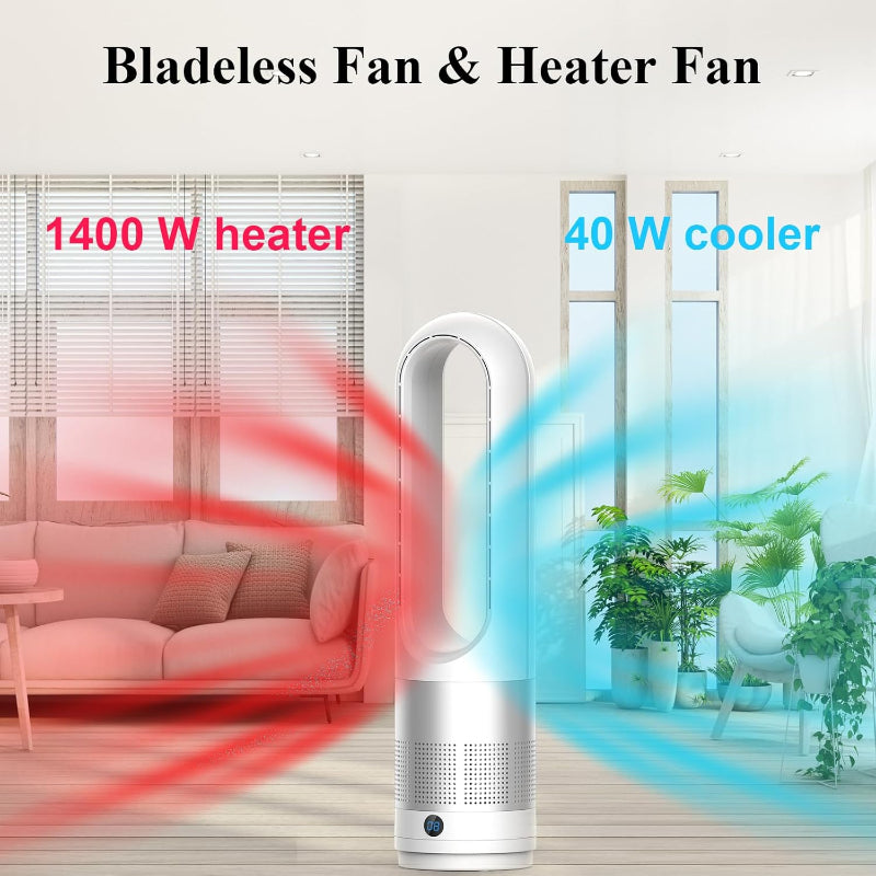 Bladeless fan with heating and cooling functions in a living room setting