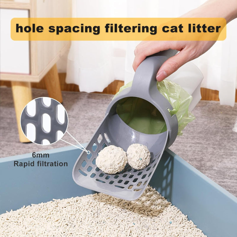 Cat litter scoop with hole spacing filtering feature, showing rapid filtration of cat litter.