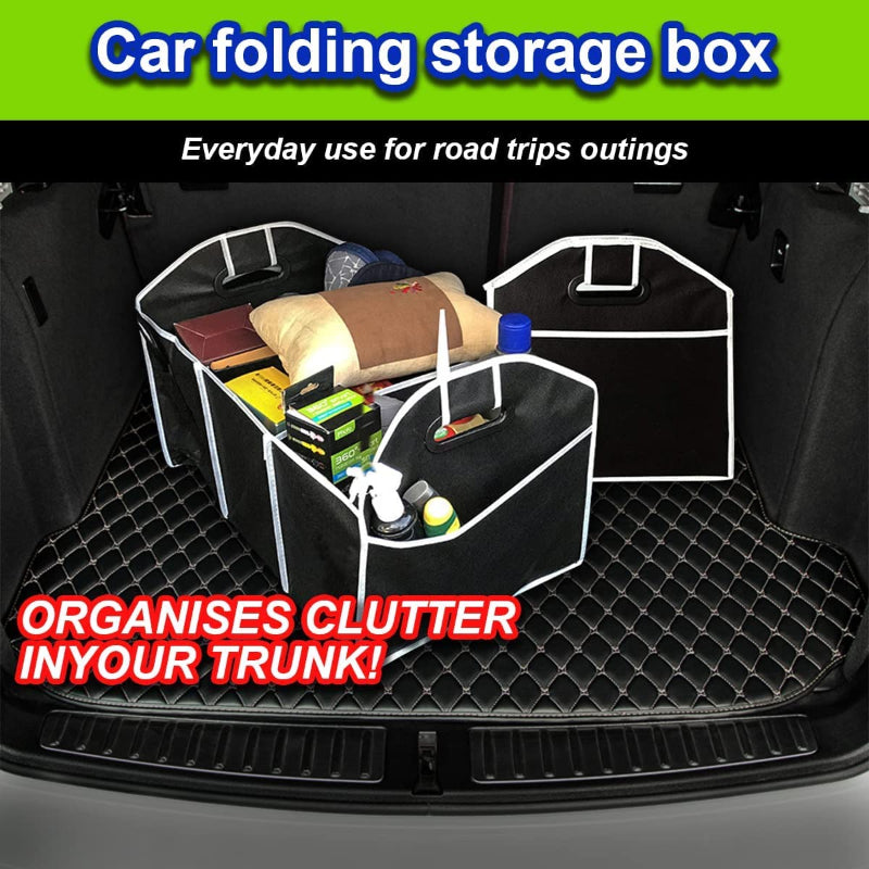 Car folding storage box in a car trunk with text highlighting its use for road trips and clutter organization.