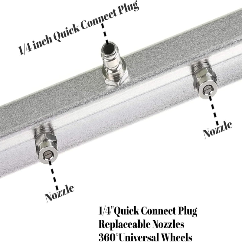 Sprinkler system with quick connect plugs and nozzles labeled on a white background
