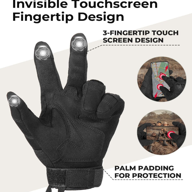 Black touchscreen glove with features highlighted on a white background