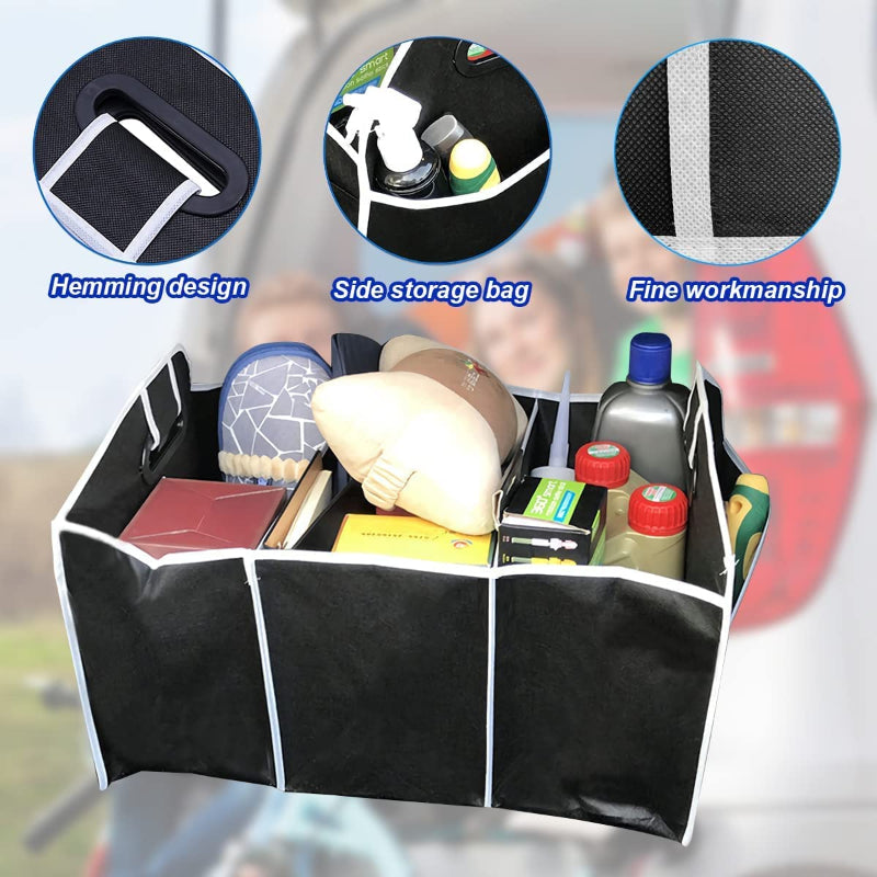 Car trunk organizer with close-up details on hemming design, side storage bag, and fine workmanship.
