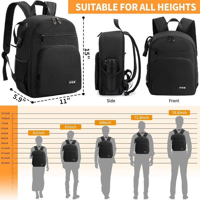 Black backpack with measurements and height suitability chart