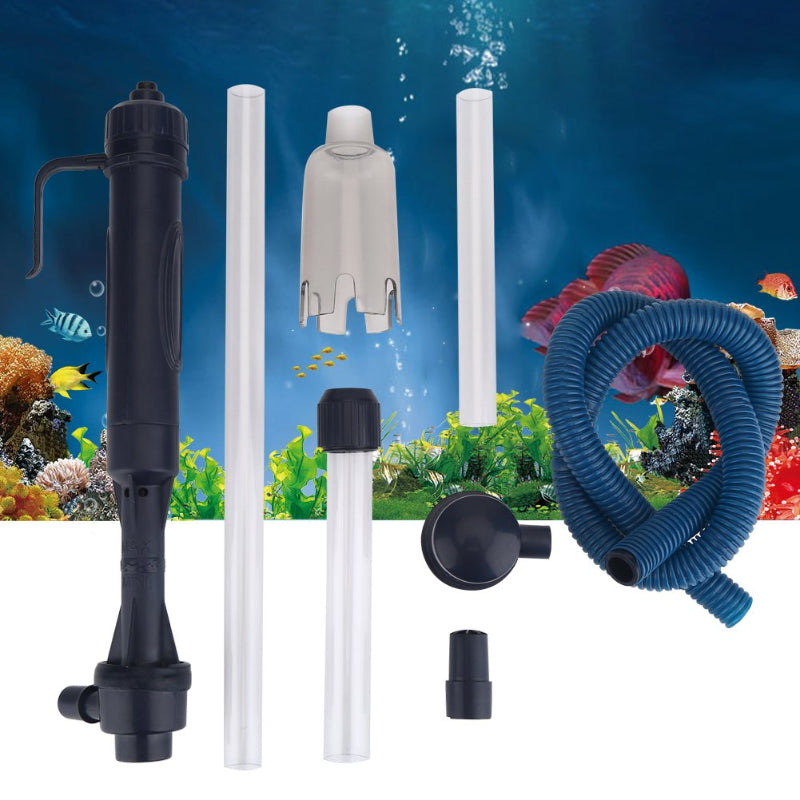 Aquarium cleaning tools with a background of an aquarium scene.