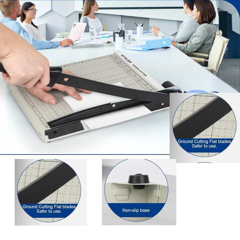 Person using a paper cutter with office setting in the background