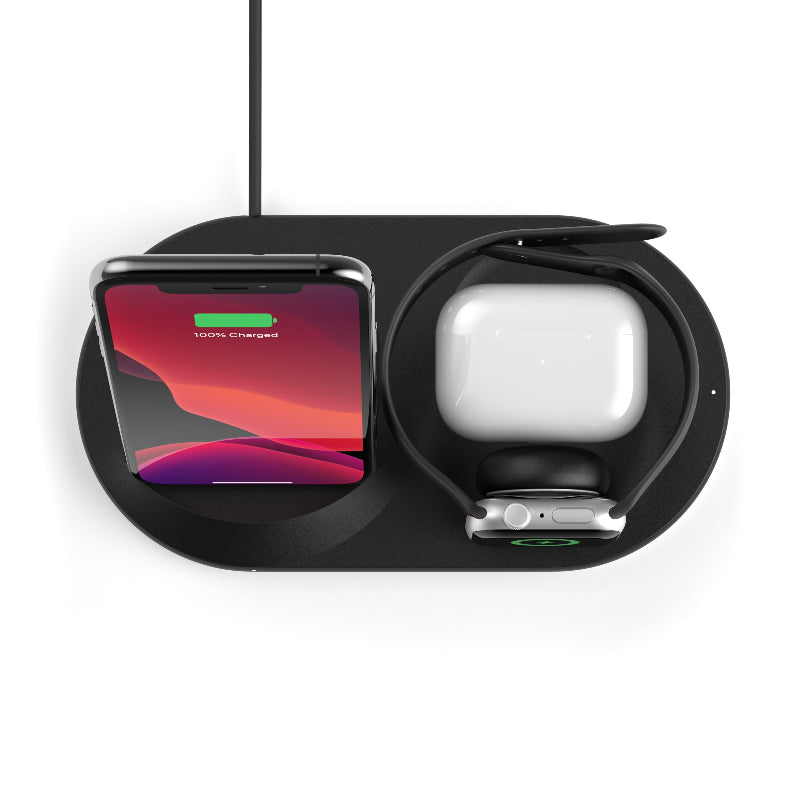 Multi-device wireless charging pad with smartphone, AirPods, and smartwatch on a white background