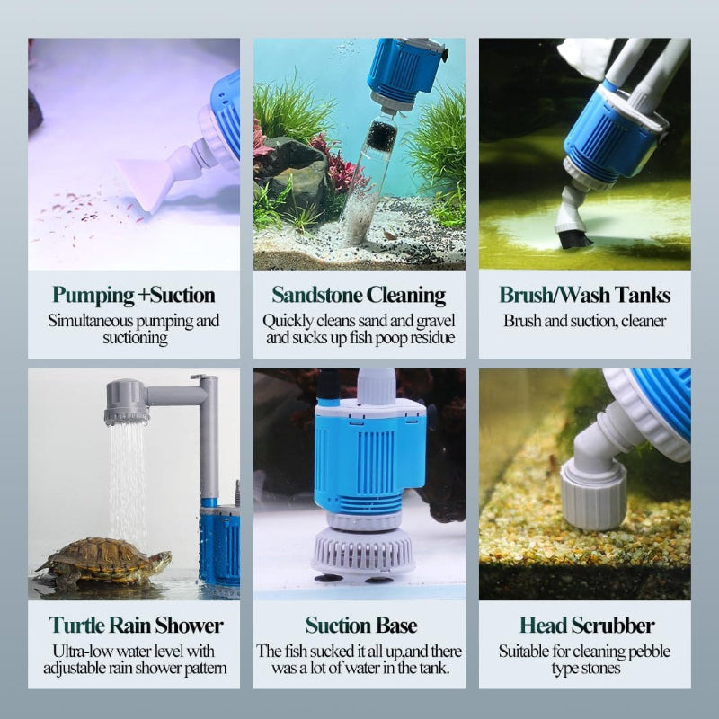 Multifunctional aquarium cleaning tool with various uses shown in images.