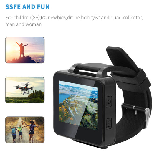 Black smartwatch with screen displaying a scenic view, surrounded by images of people and drones.