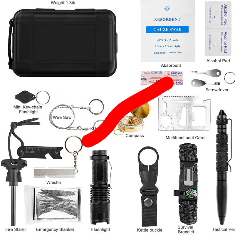 Collection of survival tools including a black case, flashlight, and various other items on a white background.