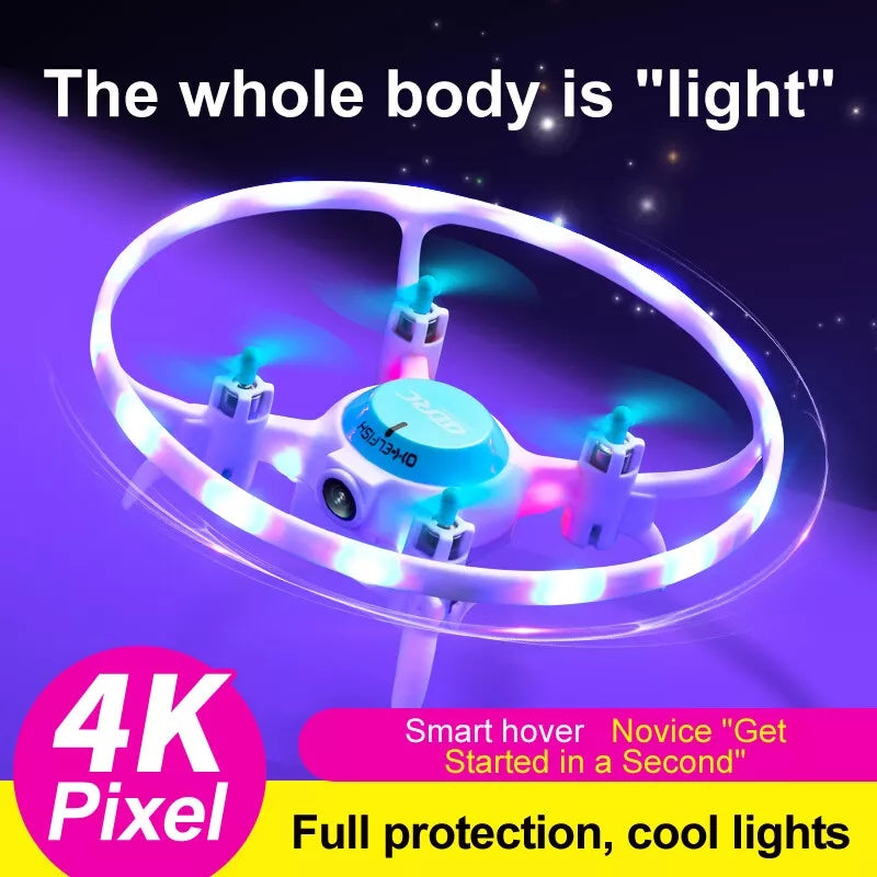Light-colored drone with LED lights on a purple background, featuring text about its features.