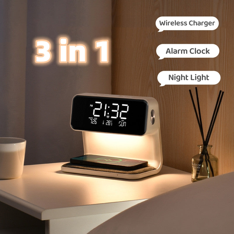  Bedside Lamp Wireless Charging LCD Screen Alarm Clock Wireless Phone Charger