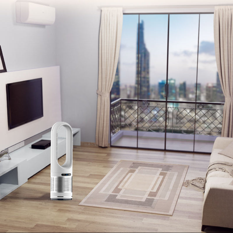 Air purifier in a modern living room with large windows.