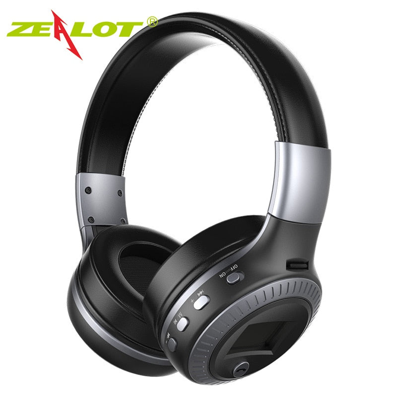Black headphones with digital display on a white background, featuring the Zealot brand.