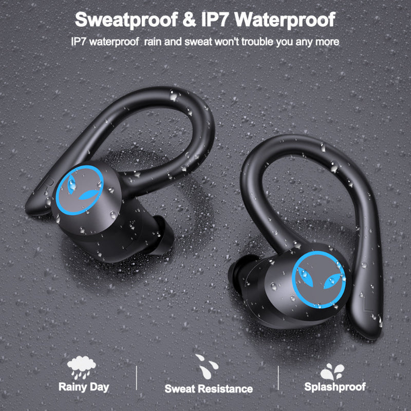 Black wireless earbuds with sweatproof and IP7 waterproof features on a gray background.
