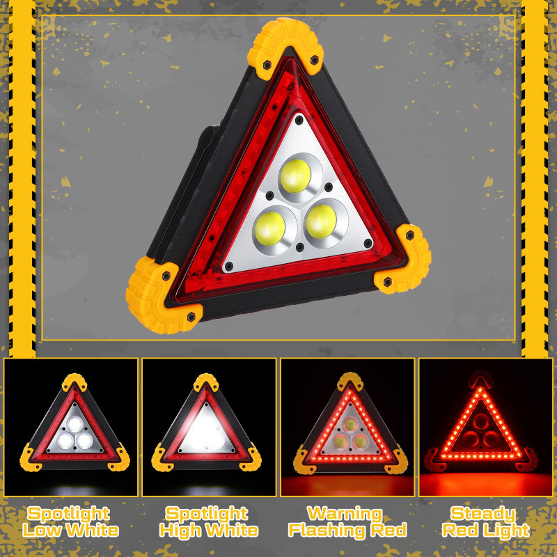 Triangular LED work light with different light modes on a dark background