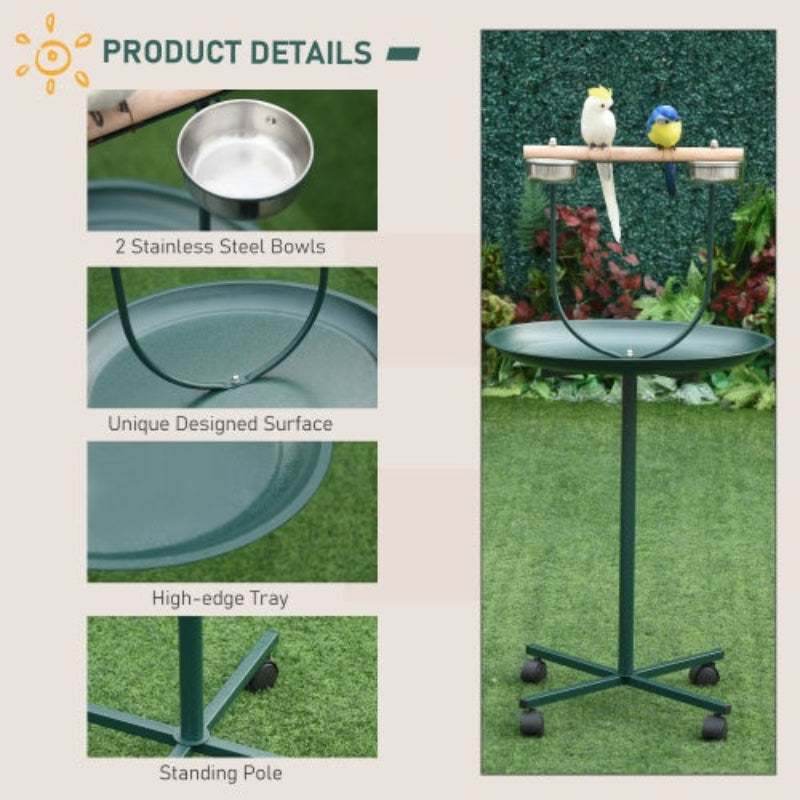 Bird bath with stainless steel bowls, unique designed surface, high-edge tray, and standing pole on a grassy background.
